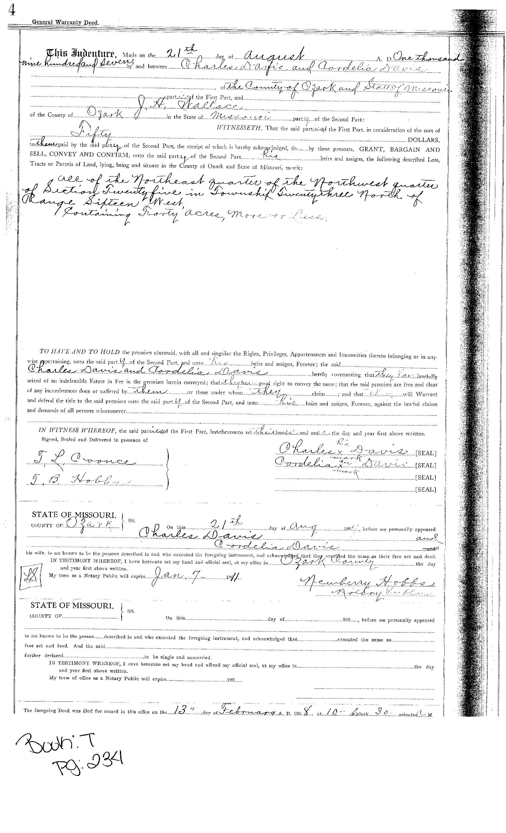 General Warranty Deed between Charles Davis & Cordelia Davis to J. H. Wallace